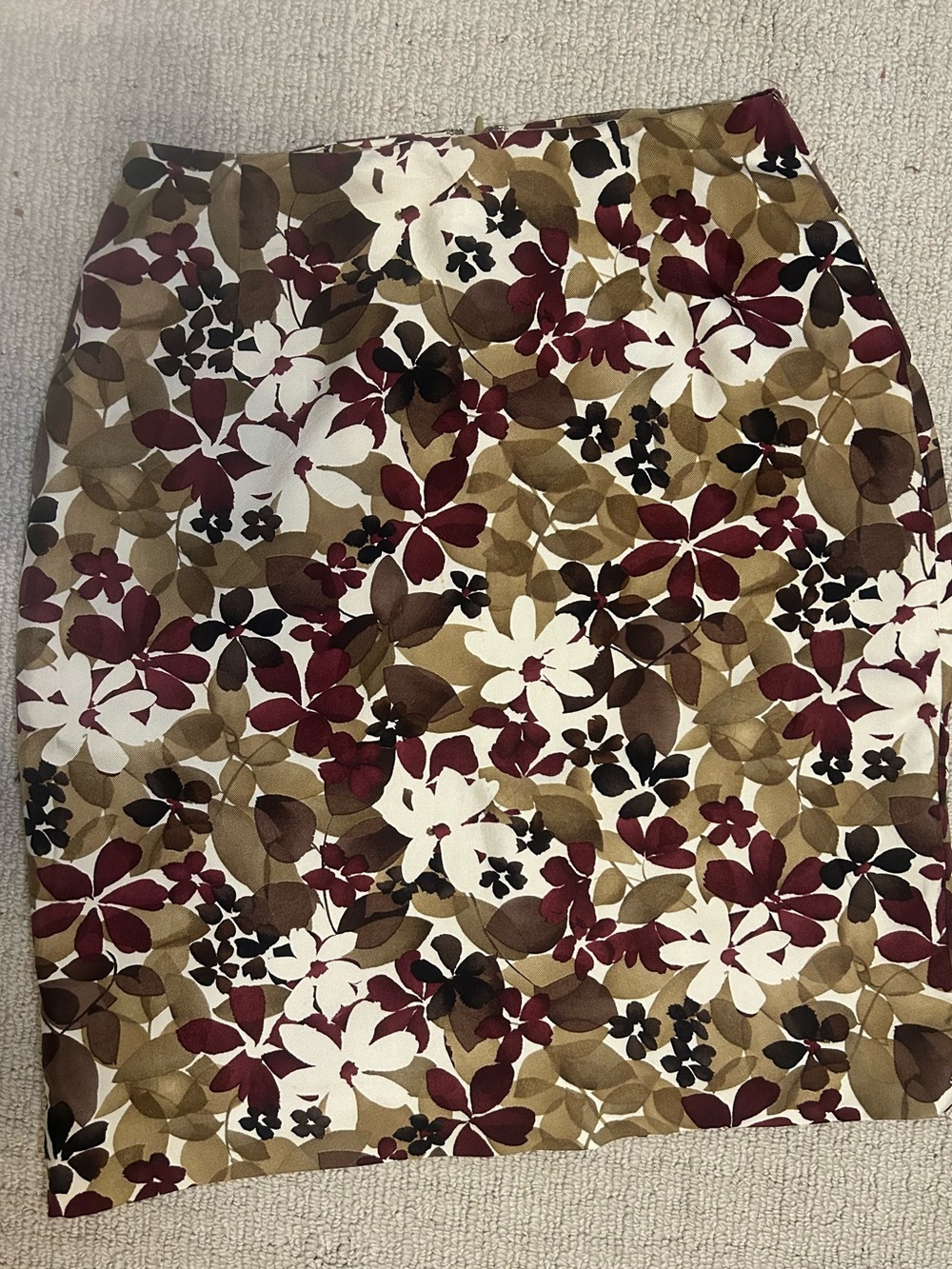 Ann Taylor Petites 2P 100% Silk Floral Pencil Skirt Burgundy Brown EUC